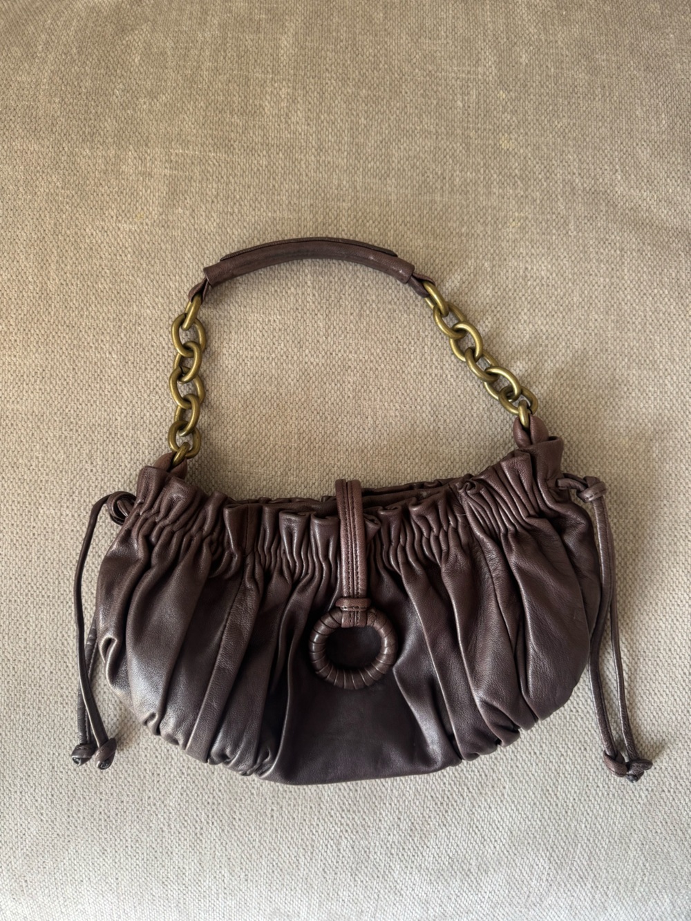 Vintage BCBG Brown Ruched Leather Shoulder Bag with Chain Strap